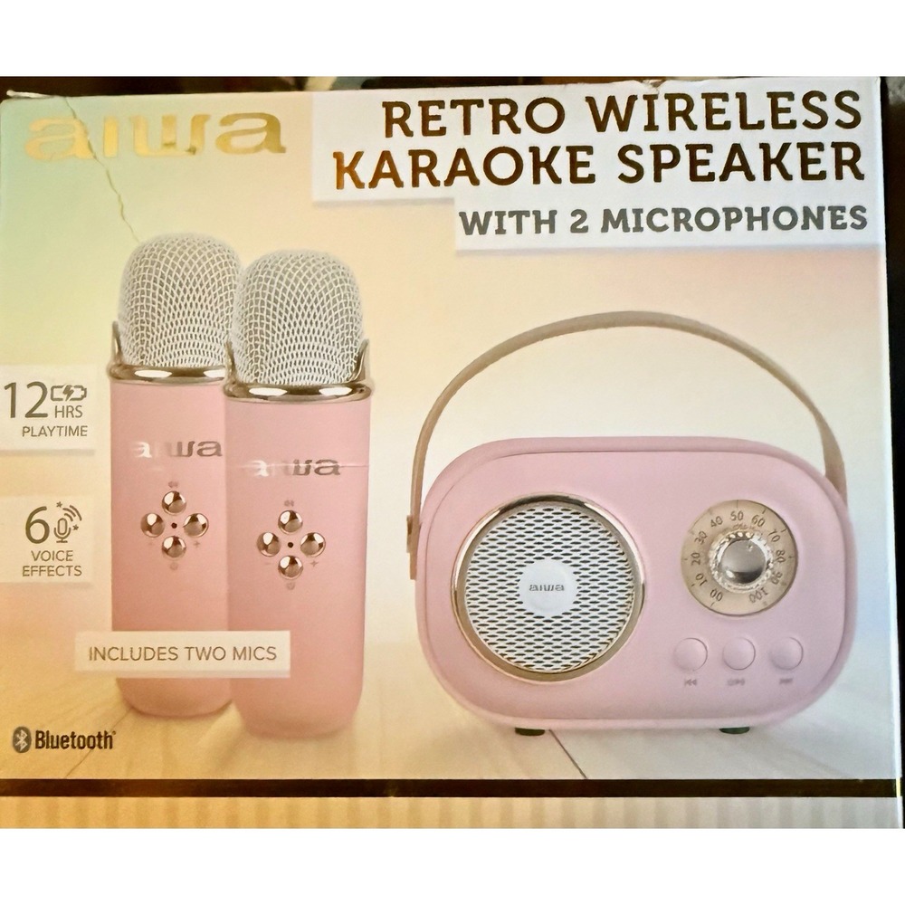 Aiwa Retro Portable Karaoke Speaker Bluetooth w/ 2 Microphones Pink